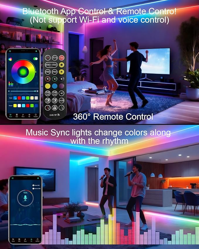 80ft/24m COB LED Strip Lights Outdoor, Smart RGB IC IP67 Waterproof Dimmable Color Changing Tape Light with App Remote Control & Music Sync, for Eave, Patio, Pool & Party DIY Decorations(2 Rolls)