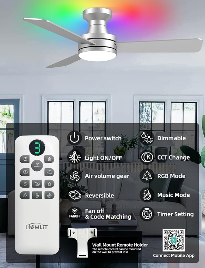 42 inch RGB Ceiling Fan with Light, Smart App & Remote Control Low Profile Flush Mount, Music Sync Lighting, 6-Speed Quiet Reversible DC Motor, 4CCT Dimmable for Home Office Party, Silver