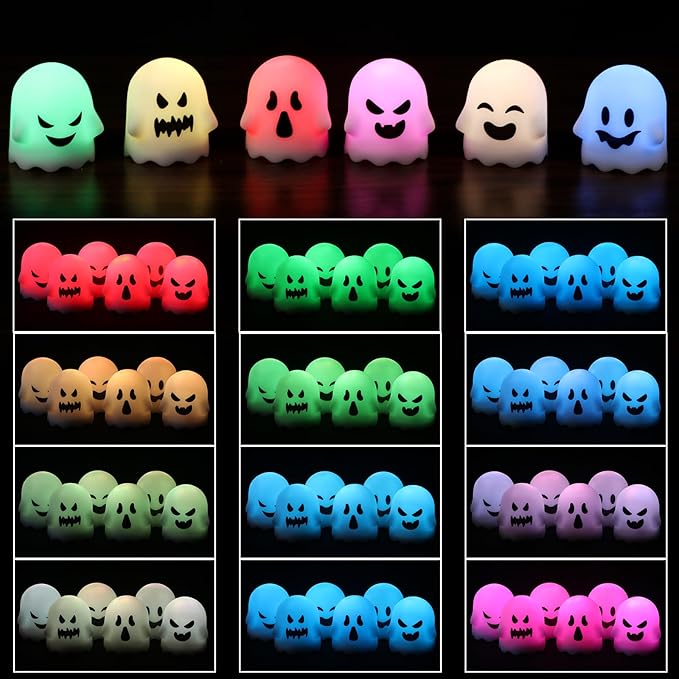 Ghost Halloween Decorations Flameless Candles with Remote Timer, 6 Pack Grimace Ghost Candles Tea Lights Battery Operated LED 12 Color Changing Candles for Halloween Decor