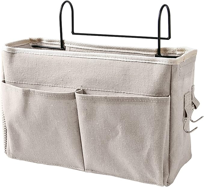 Nightstand Hanging Bag Cotton Linen Bedside Storage for Dorm Rooms (White)