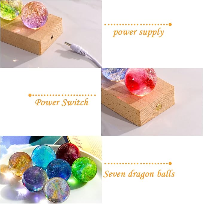 Movdyka 7 Colorful Glass Crystal Ball Desk ecorations Chakra Healing Stones Spheres with LED Wooden Stand, Quartz Crystal Meditation Night Light, Positive Energy Decor Gifts for Him Her -1.57"(40mm)