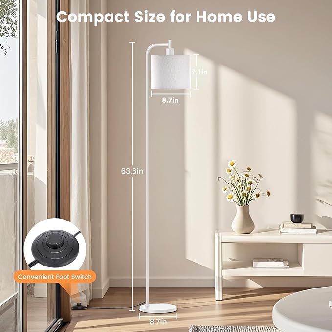 Floor Lamp with Linen Shade, Dimmable Tall Standing Lamp with Remote Control & 3 Color Temperatures, Modern Corner Floor Lamps for Living Room Bedroom Office, 9W LED Bulb Included