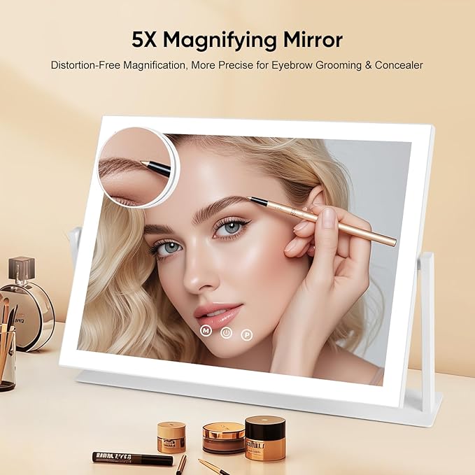 Vanity Mirror with LED Lights, 16.4x12.2 Inch Makeup Mirror, 3-Color Dimmable Touch Screen, 5X Magnification, 360° Rotation, White Large Tabletop Mirror for Bedroom Vanity