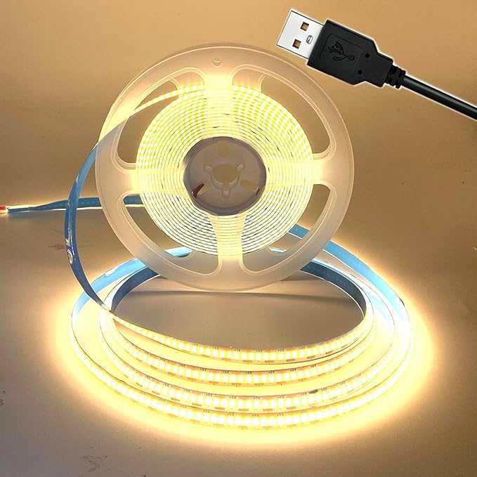 DC5V COB Led Light Strip with USB Power Supply 300LED/m Flexible Lighting Warm White for Display Cabinet, Living Room,DIY Home COB Lighting Decor tv Lights (Warm White, 2M)