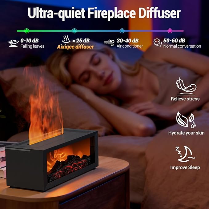Aixiqee Yellow Fireplace Diffuser, Flame Fireplace Aroma Diffuser for Essential Oils, Colorful Aromatherapy Fireplace Humidifier with Remote Control & Timer