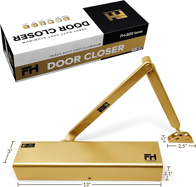 Commercial Door Closer Automatic Heavy Duty High Traffic Adjustable ANSI/BHMA Grade 1 Standard, UL Listed ADA Compliant Hydraulic Backcheck Delayed Action Latch Speed 1-6 Power (1, Matte Gold)