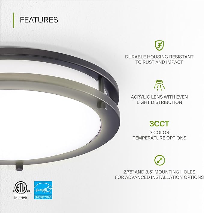 ASD LED 18" Round Flush Mount Lighting, Close to Ceiling Light Fixture | 3CCT, Dimmable, Energy Star, ETL Listed | 28W 2230LM 3000-5000K 120V | Low Profile Double Ring Lamp | Dark Bronze, 4 Pack