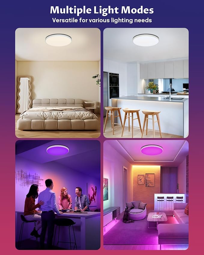 Smart LED Ceiling Light WiFi, 12inch RGB Flush Mount Ceiling Light Fixture, 16 Million DIY Colors, Compatible with Alexa Google Home, 3000K-6500K Ceiling Lights for Bedroom Living Room