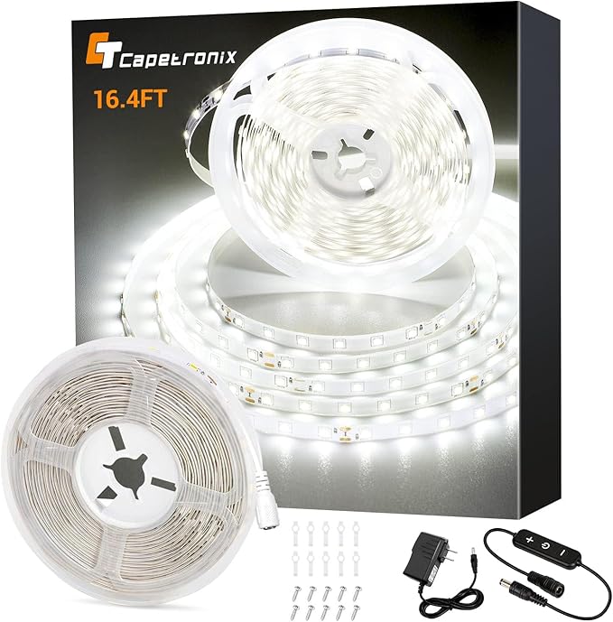 CT CAPETRONIX White LED Strip Light, 16.4 Feet 24 Volt LED Light Strip White, 6000K-6500K Daylight Super Bright LED Tape Light for Bedroom, Kitchen, Closet, Cabinet, Mirror, Indoor（Dimmer Included）