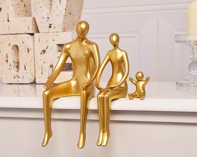 Quoowiit Gold Decor Family Statue Shelf Decor, Abstract Modern Home Decorations Family Sculpture, Minimalist Miniature Coffee Table Ornament Figurines for Office Bookshelf Living Room Bedroom 3 Piece