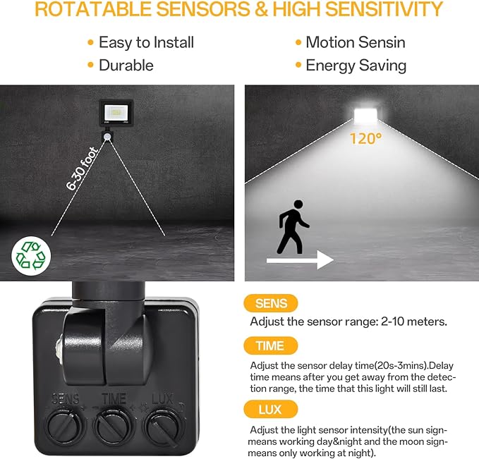 Motion Sensor Flood Light Outdoor, Plug in Motion Sensor Light with 4.9ft Cord, IP66 Waterproof Floodlights with Photocell 6000K Super Bright Security Light for Garden Patio