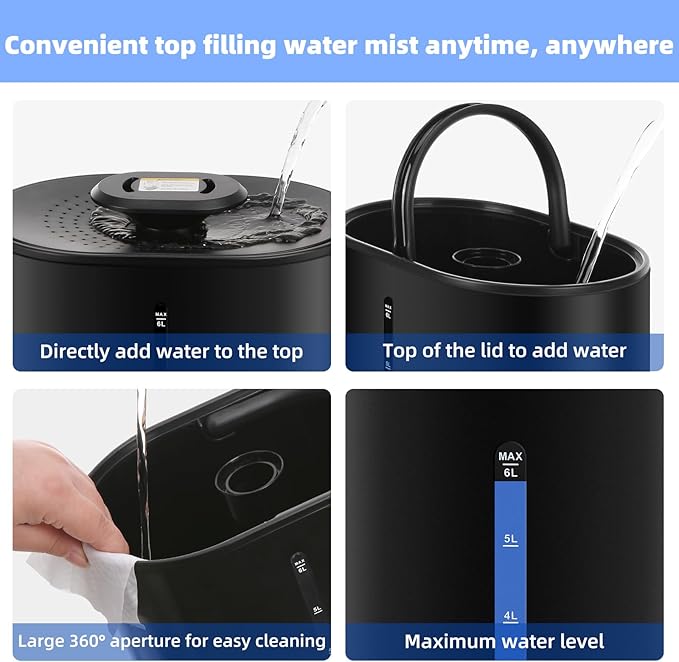 6L Humidifiers for Bedroom Large Room Home,Cool and Warm Humidifier for Baby and Plants Hot Mist Top Fill Desk Humidifiers Oil Diffuser,Quiet,Adjustable Mist,360°Nozzle-Black(2026 Upgraded)