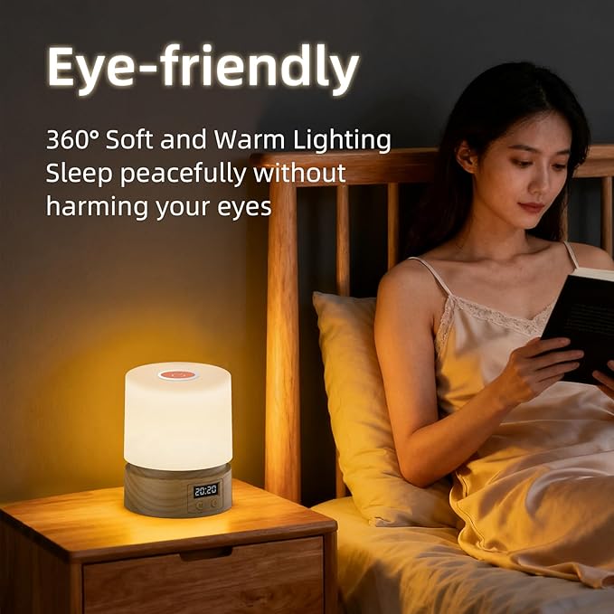 Nursery Night Light with Clock for Kids, Touch Lamp Bedside Desk Lamp, Portable Breastfeeding Night Lamp for Baby, 3 Color Stepless Dimming Up for Restaurant,Bedroom,Rechargeable (Wood Grain)