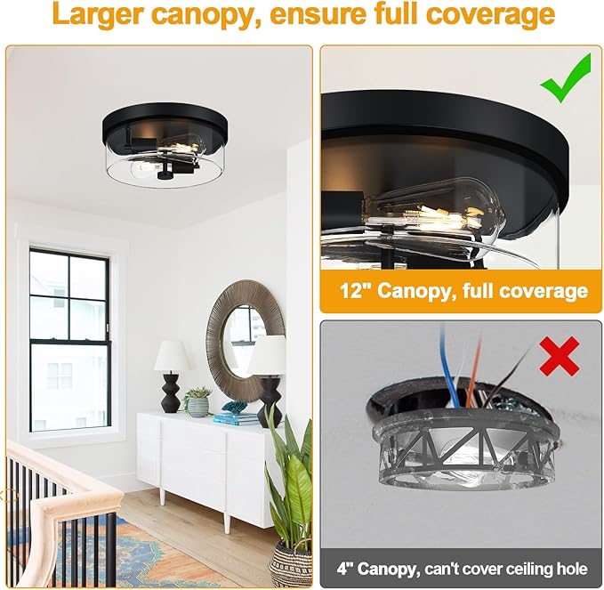Flush Mount Ceiling Light Fixtures, 2-Light Black Ceiling Mount for Farmhouse with Clear Glass Lampshade, Industrial Flush Mount Light Fixture for Hallway, Kitchen, Entryway and Foyer