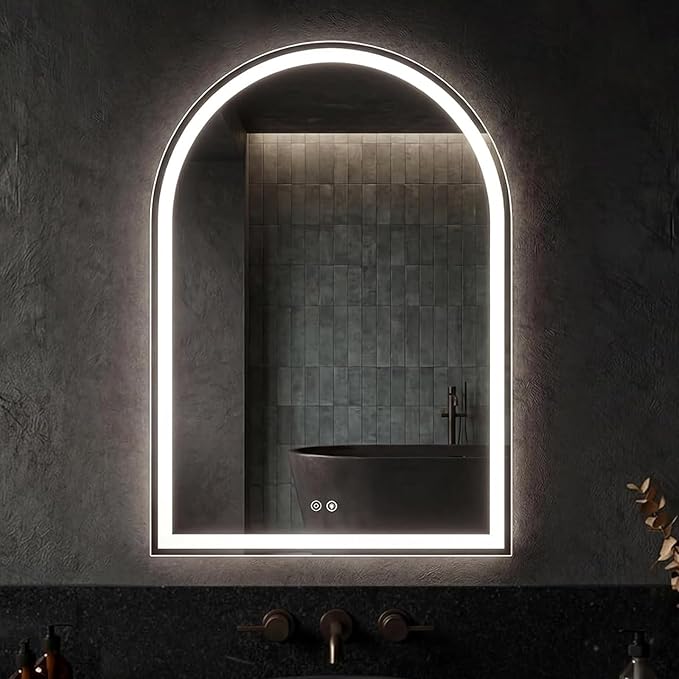 Sweetcrispy 20"×28" LED Bathroom Mirror with Lights, Arched Vanity Mirror with Anti-Fog, Dimmable, 3-Color Light, Memory Function, Tempered Glass