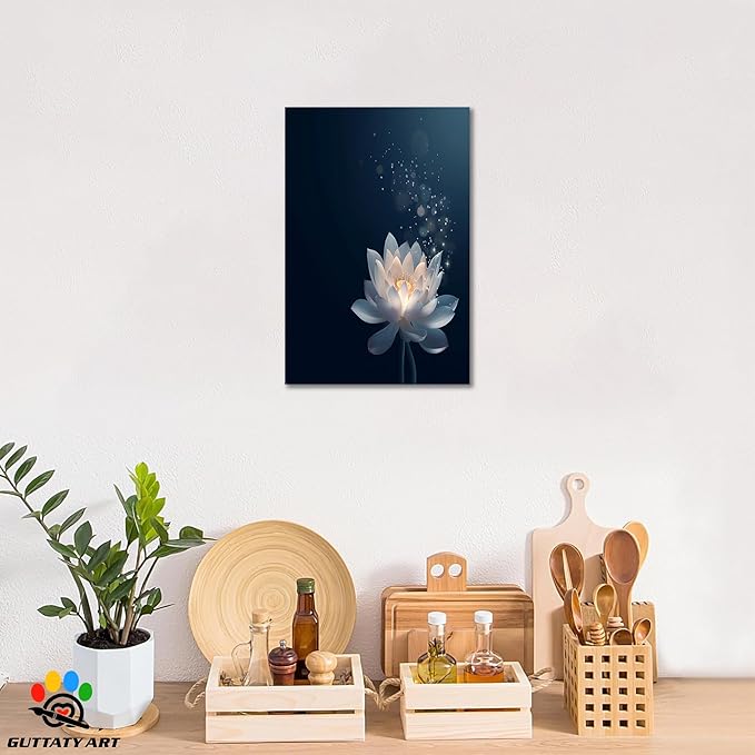 Zen White Lotus Flower Canvas Wall Art, Lotus Floral Pictures Wall Print, Spiritual Water Lily Canvas Prints, Lotus Bloom on Water Poster, Zen Meditation Spiritual Artwork for Yoga Spa Room 32x48 inch