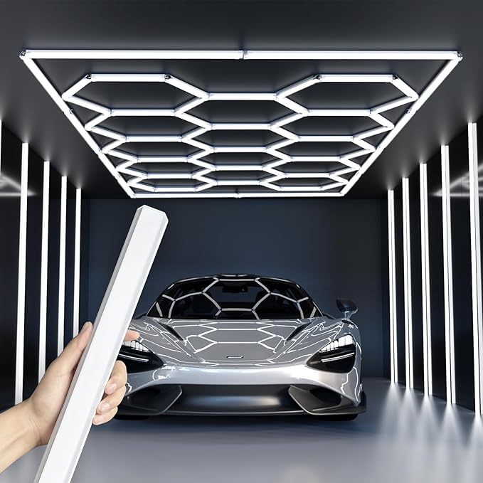 Updated Bigger Size 14 Grid Hexagon Garage LED Lights with Widen 1.33IN Illuminated Surface, 108000LM Led Lights System for Garage, Basement,Warehouse(White Edge) Patent No.US0D1109406S