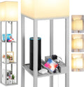 FOLKSMATE LED Shelf Floor Lamp, Modern Touch Control Dimmable Standing Lamp with 2 USB Ports and 1 Power Outlet, Corner Tall Lamps with Shelves, Wood Standing Light for Bedroom, Living Room, Grey
