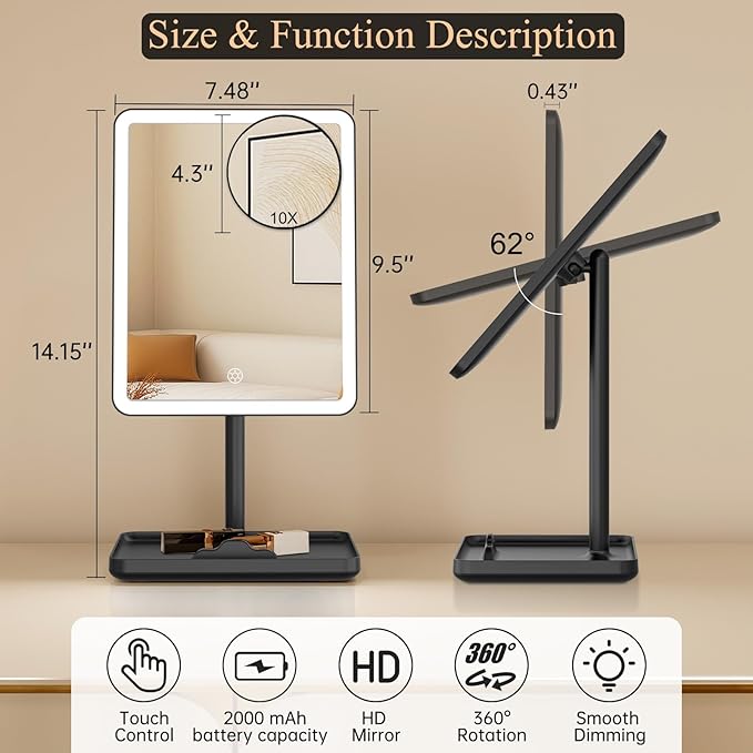 FUNTOUCH Vanity Mirror with Lights for Women Girls, Makeup Mirror Christmas Birthday Gifts for Adult Teen Kid,Detachable 10X Magnification for Vanity Desk Tabletop, Black