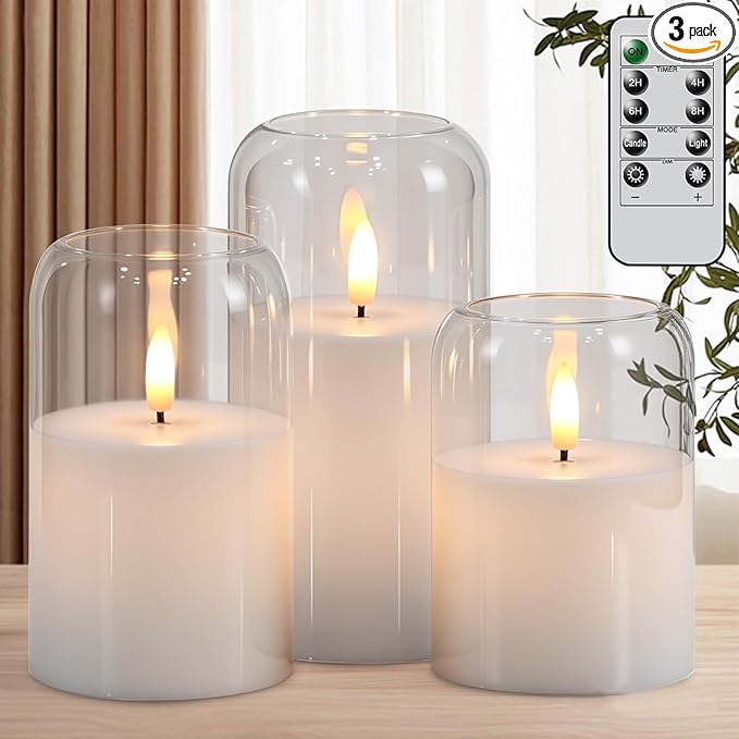 Glass Flameless Candles with Remote, Set of 3 Battery Operated Candles Flickering with Real Wax and 3D Wick, LED Pillar Candle for Home Halloween Christmas Decor(Clear, D3”xH4”5”6”)