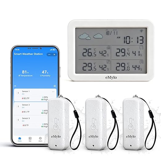 eMylo WiFi Hygrometer Thermometer 4 Pack, Smart Digital Indoor Temperature Humidity Monitor 426Ft Rang with 3 IP65 Wireless Sensors Outdoor Kit, App Alerts, Free Data Storage Export, Works with Alexa