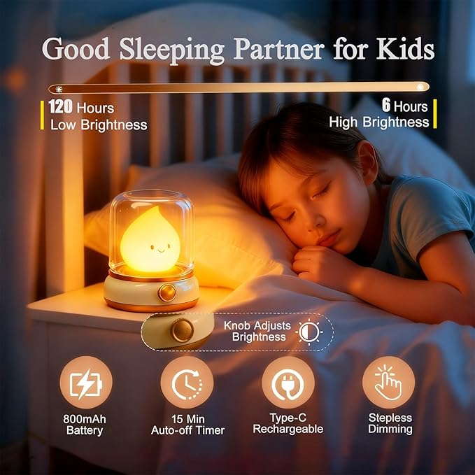 Flameless Silicone Night Light for Kids Toddler, Rechargeable Touch Dimmable Amber Lamp, Retro Kerosene Lamp with Timer, Cute Chibi Gift for Teen Girls Bedroom (Yellow)