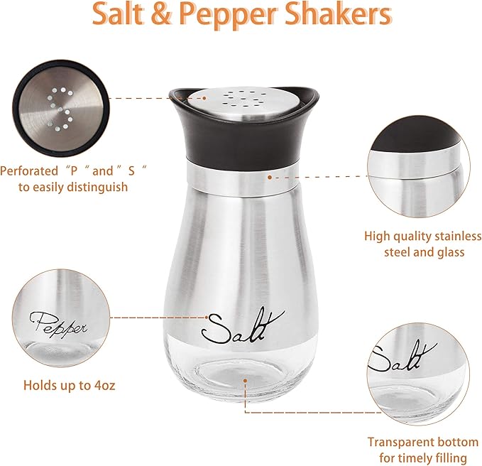 Lonffery Salt and Pepper Shakers Set, Salt Containers for Gifts, Kitchen Decor with Stainless Steel and Glass Bottle, Set of 2
