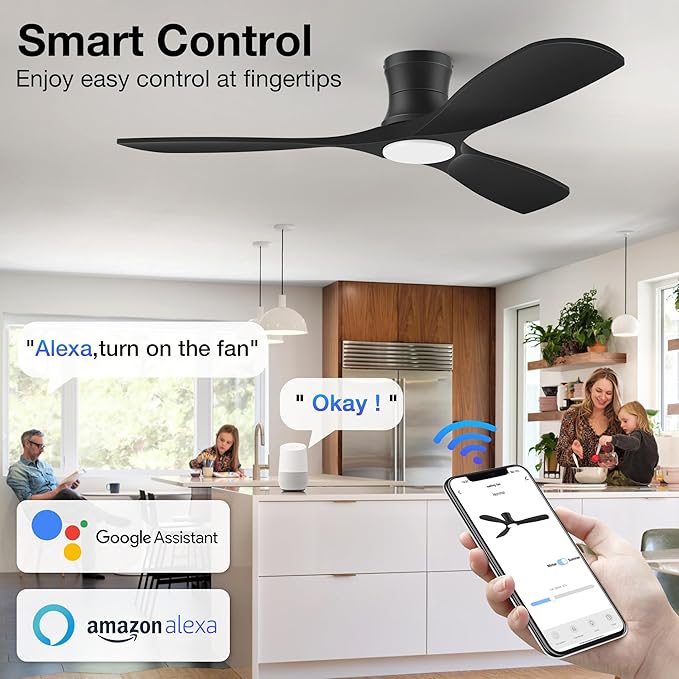 52” Smart Wood Low Profile Ceiling Fan with Lights Remote,Quiet DC Motor,Outdoor Indoor Flush Mount Ceiling Fans Controlled by WIFI Alexa App,Modern Black for Bedroom Living Room Patio Porch