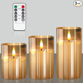 Glass Flameless Candles with Remote and Timer, Battery Operated Candles, LED Pillar Candles, Electric Fake Candles, Real Wax Set of 3, Christmas Home Wedding Birthday Decor(Gold)