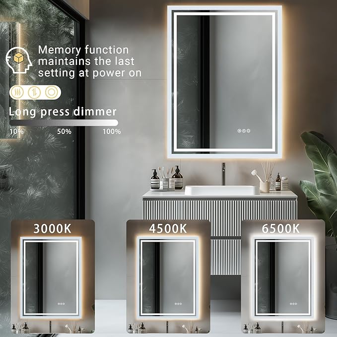 24"x 32" LED Bathroom Mirror with Stepless Dimmable, Backlight Wall Mirrors with Anti-Fog Bathroom Digital Mirror for Wall, 3 Color Modes, Memory Function Smart Mirror