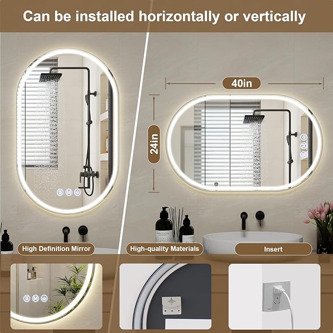 BEAUTYPEAK 40x24 LED Oval Bathroom Mirror with Lights, Anti-Fog, Dimmable, Backlit + Front Lit, Lighted Bathroom Vanity Mirror for Wall, 3 Colors, Memory Function, Tempered Glass, Shatter-Proof