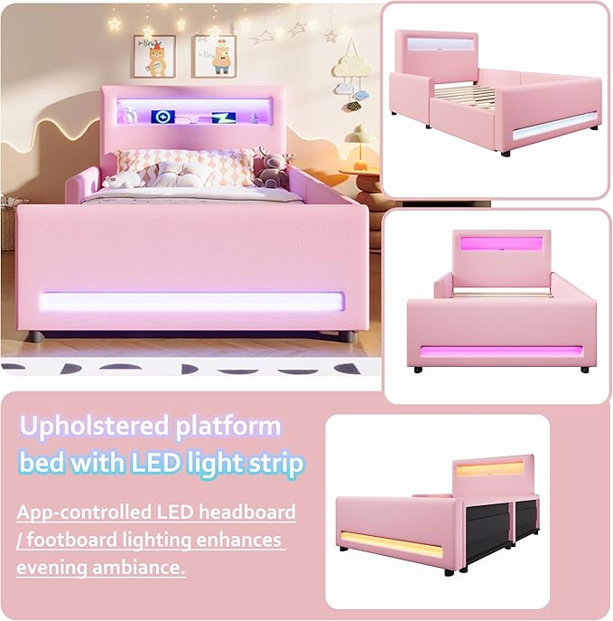 MERITLINE Twin Size Upholstered Platform Bed with Drawer, App-Controlled RGB LED Light Strip & USB Port, PU Fabric Storage Bed (Pink) | LED light, Storage Drawer