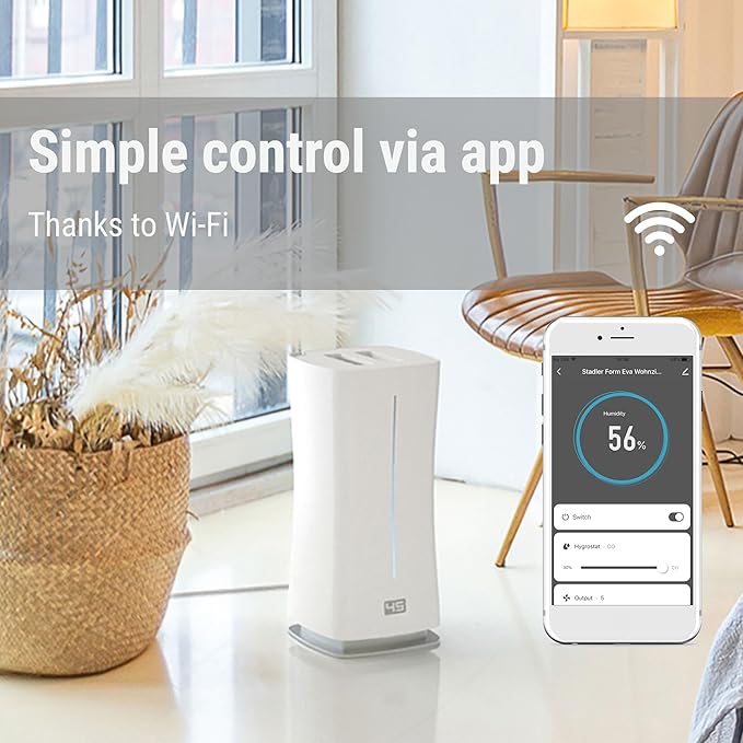 Stadler Form’s Eva Humidifier with WiFi, External Humidity Sensor, Automatic Mode, for Rooms of up to 860 sq ft, Ultrasonic Nebuliser, Dimmable LEDs, Suitable for Fragrant Oil, White