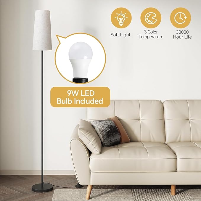 SUNMORY Floor Lamps for Living Room/Bedroom/Office, Standing Lamp with LED Bulb, 3 Color Temperature Tall Lamp, Suitable for Modern/Boho/Farmhouse and Other Home Decor Styles, Black - 2 Pack
