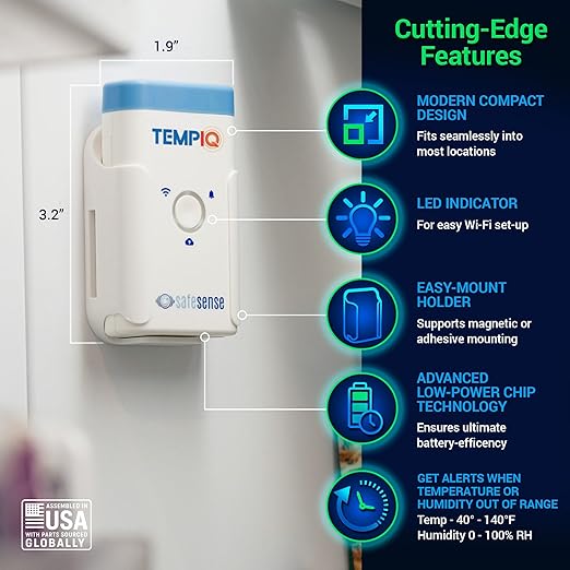 TEMPIQ Remote WiFi Temperature & Humidity Sensor - App Integration, Alerts, Helps Monitor 2nd Home, AirBnb, RV, Pets,Freezer and Server Room, Indoor & Outdoor Hygrometer & Thermometer