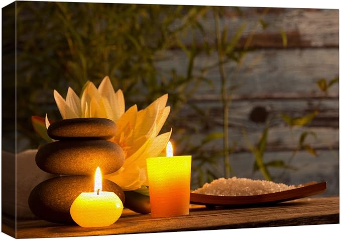wall26 Canvas Print Wall Art Wood Panel Meditation Spax Candle Massage Stones Nature Wilderness Photography Realism Rustic Landscape Colorful Multicolor for Living Room, Bedroom, Bathroom - 24"x36"
