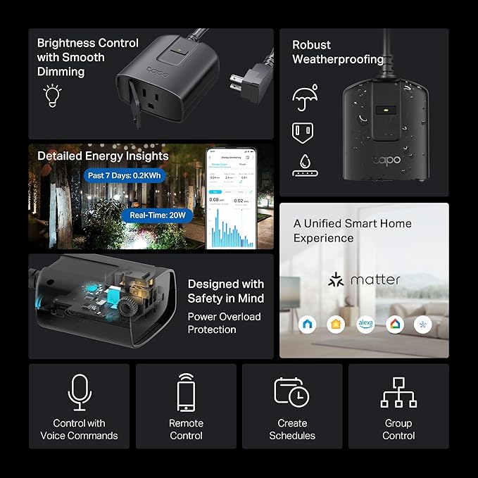 Tapo Outdoor Smart Dimmer Plug for Outdoor Lights, Matter, Energy Monitoring, App Control, IP65 Weather Resistant, Works with Siri, Alexa, Google, ETL Certified, 150WLED/CFL, 2.4GHZ WiFi Only, P430M