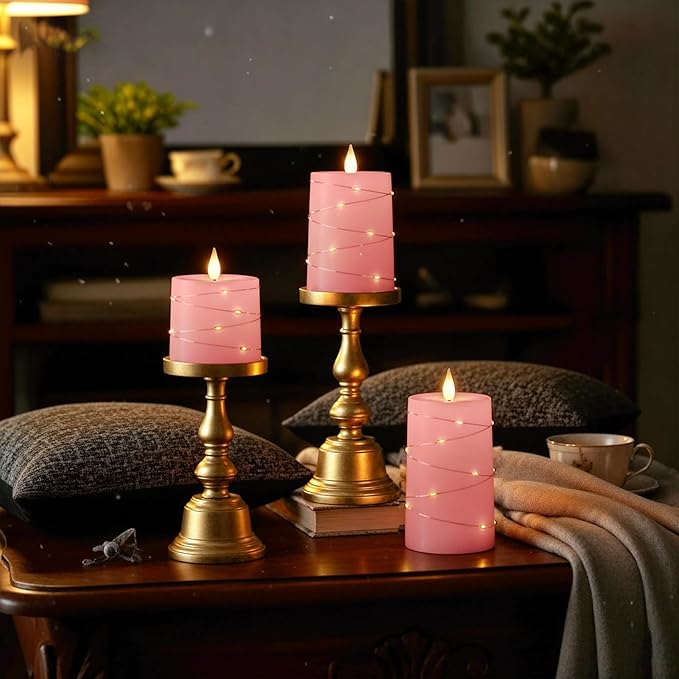 Raycare Easter Pink Flameless Candles with Remote Timer, Flickering Battery Operated LED Pillar Fake Candle with String Lights for Home Decor, Christmas, Wedding and Gift, Set of 3