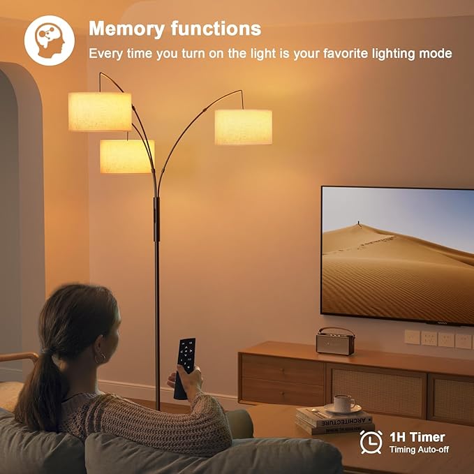 36W Corner Floor Lamp Dimmable - 3 Lights Arc Floor Lamps Standing Lamp with Remote & Touch Control, Tall Lamp for Living Room Corner, Bedroom, Office