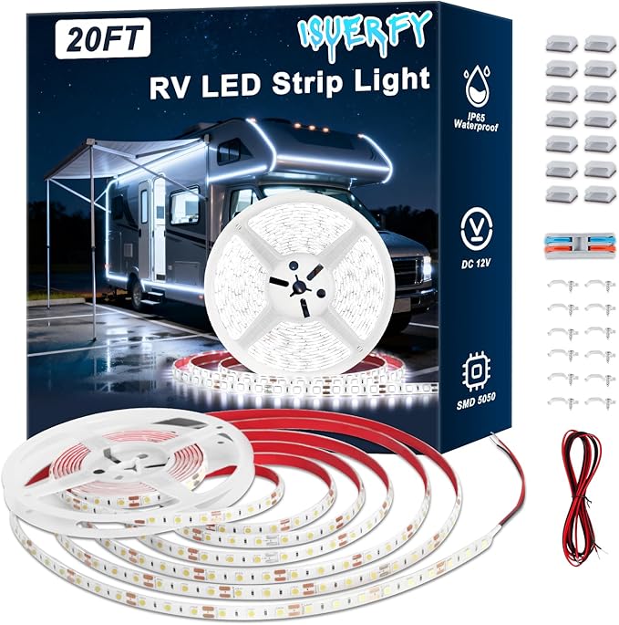 RV Awning LED Lights, 12V 20FT Camper Lights for Motorhome Travel Trailer Concession Stands Food Trucks, IP65 Waterproof RV Exterior Underglow Light, Daylight White