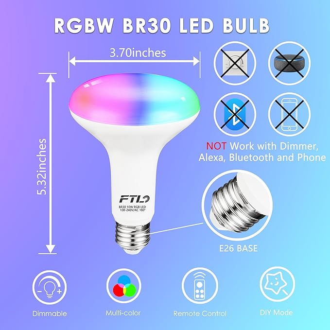 FTL BR30 LED Color Changing Light Bulbs with Remote Control, 10W Dimmable Led Flood Light 65W Equivalent, 2700K-6000K, 30 Colors RGB Colored Light Bulbs, Timer, for Recessed Can Lighting, 6-Pack