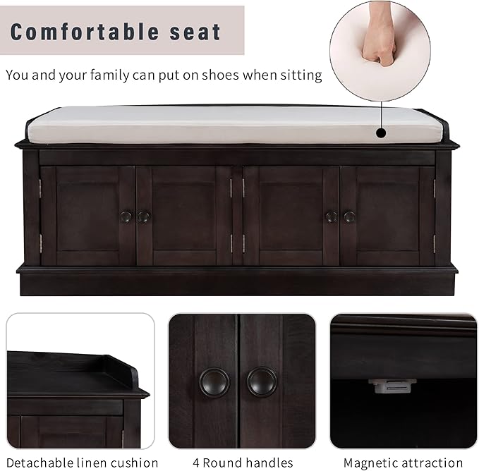 Merax Farmhouse Solid WOD Entryway Shoe Bench with Seat Cushion Multifunctional Storage Cabinet for Hallway Living Room Bedroom Espresso
