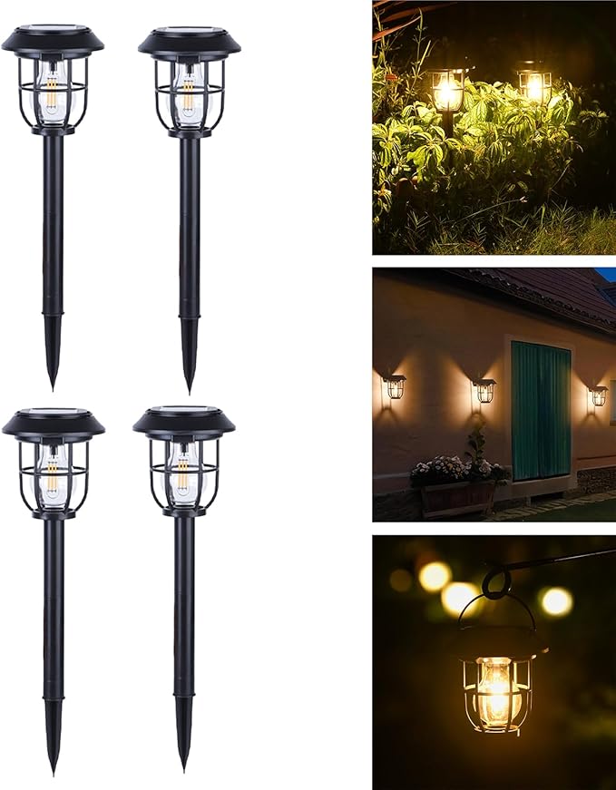 Solar Pathway Lights 4 Pack Motion Sensor, IP65 Waterproof, 120LM Warm White Tungsten Bulb for Garden Yard Lawn Decor