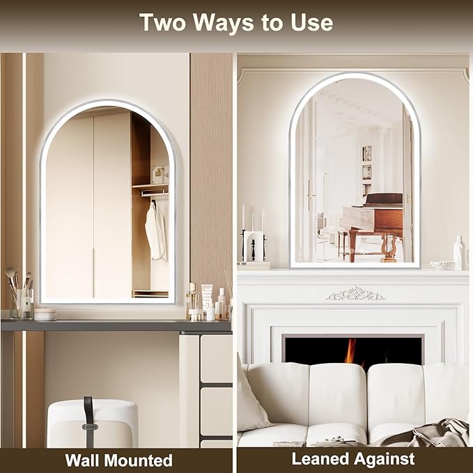Arched LED Mirror for Bathtoom 24"x36", Silver LED Bathroom Mirror with Lights-Fogless, Dimmable, Shatterproof, Touch Sensor, 3 Color Changing