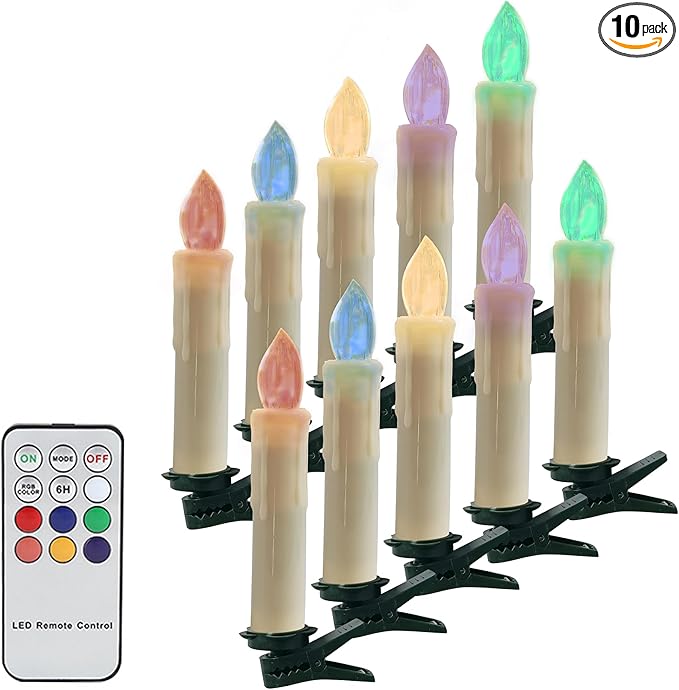 Colorful LED Candle Battery Candlesticks 10pcs Remote Taper Candle LED Chandelier Flameless Candle Sticks with Clip for Christmas Tree Weddings Vigil and Menorah (4'', Ivory),Pack of 10
