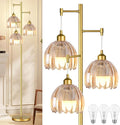 Gold Floor Lamp for Living Room,Bedroom,Tree 3 Light Standing Lamp Mid Century Modern Brass Tall Floor Lamps Vintage Retro Floor Lights Glass Flower Amber Lamp Shade Farmhouse Boho Bohemian