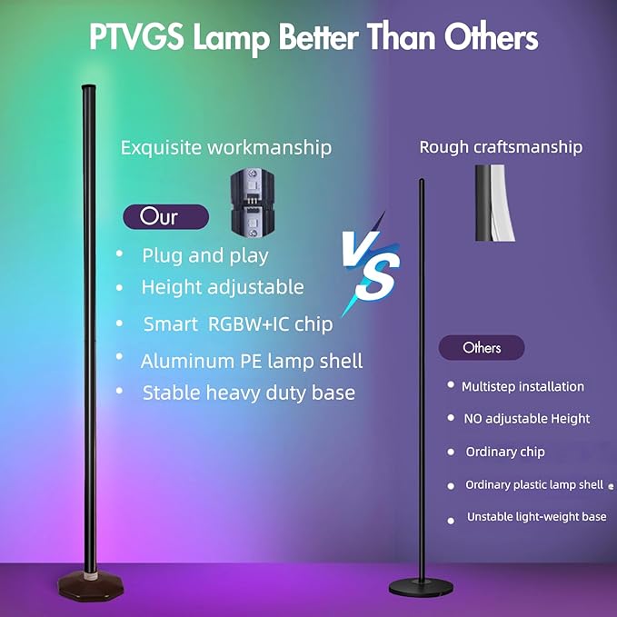 LED RGB Corner Lamp: Smart RGB LED Corner Floor Lamp Adjustable Height with 16 Millon RGBWIC Color Changing Lights 300+ Scene,Music Sync&Timer,Ambient Lighting for Living Room,Bedroom,Game Room