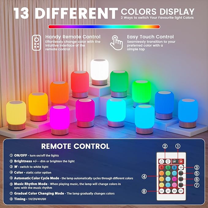 Night Light, Bedside Table Lamp with Touch & Remote Control, 13 RGB Colors 6-Level Dimmable, Rechargeable Cordless for Bedroom, Nursery, Gaming Room, Party