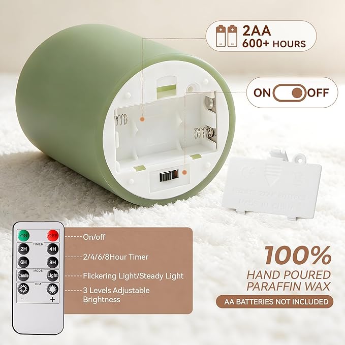 Green Flameless Candles with Remote and Timer, Real Wax Made LED Pillar Candles Battery Operated with 3D Flickering Flame Melted Edge, 3" x 4",5",6", Set of 3 (Pastel Green)