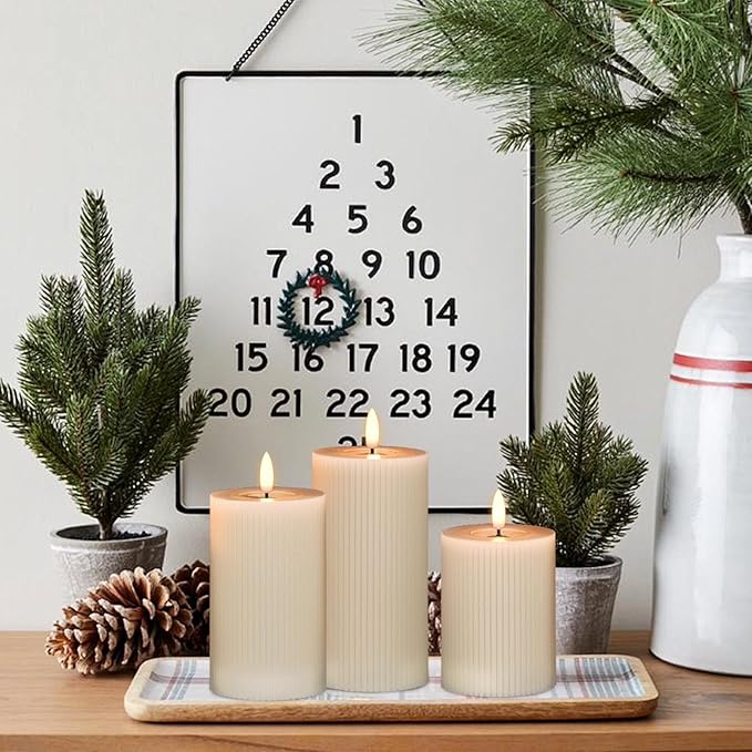 DRomance Battery Operated Flameless Candles with 6 Hour Timer 3 Pack Real Wax Vertical Stripe 3D Wick Flickering LED Pillar Candles Dinner Wedding Christmas Holiday Decor(Beige, 3" D x 5", 6", 7" H)